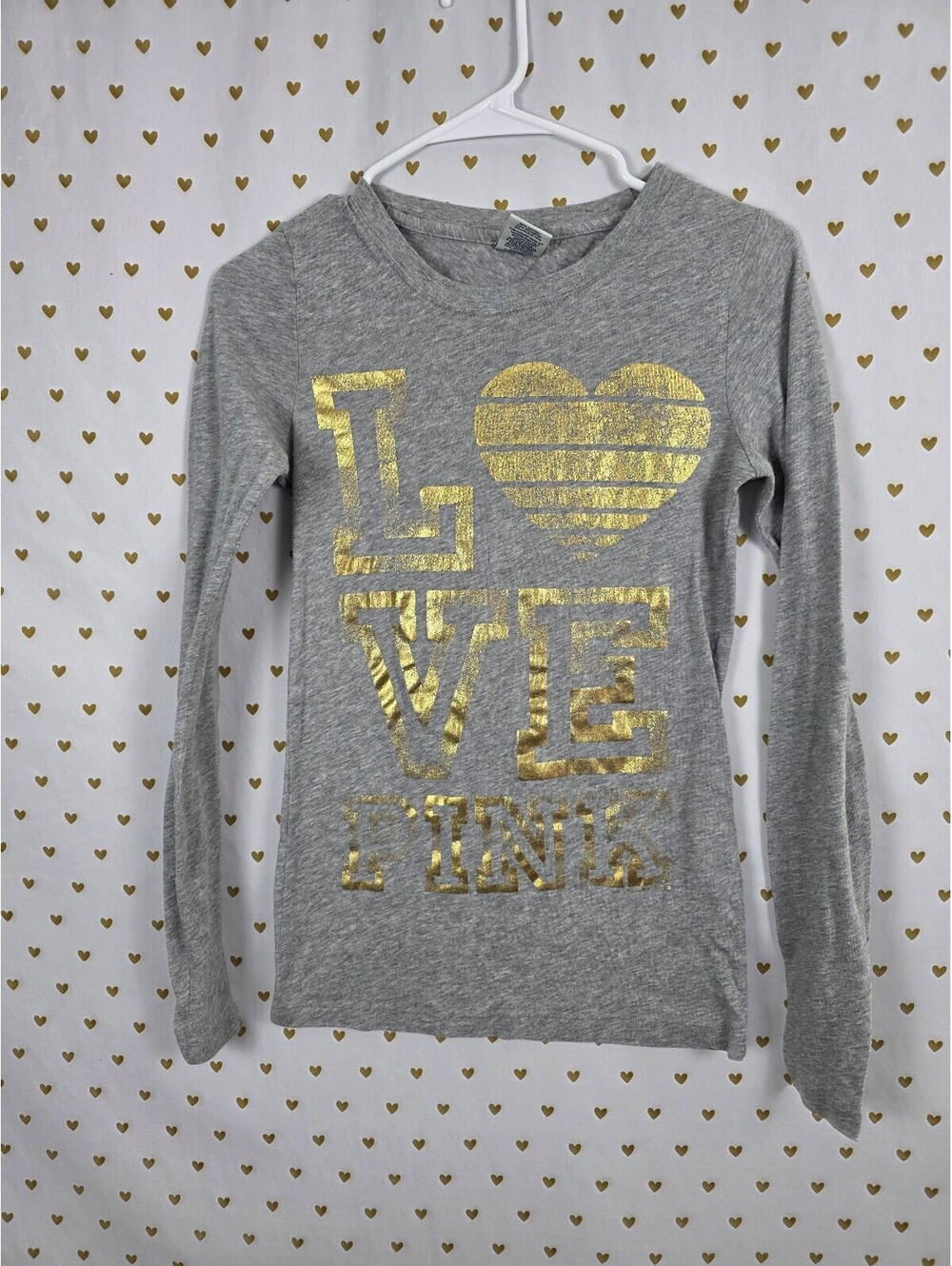 Victorias Secret PINK Vintage Gold Logo LOVE Long Sleeve Tee shirt y2k Small